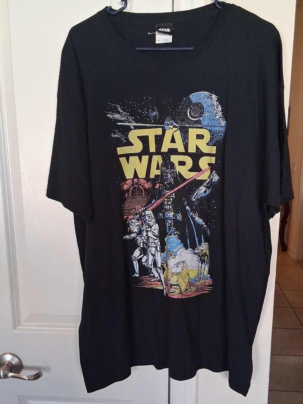 P: Star Wars Black Graphic Tee with Yellow Logo and Multicolor Print